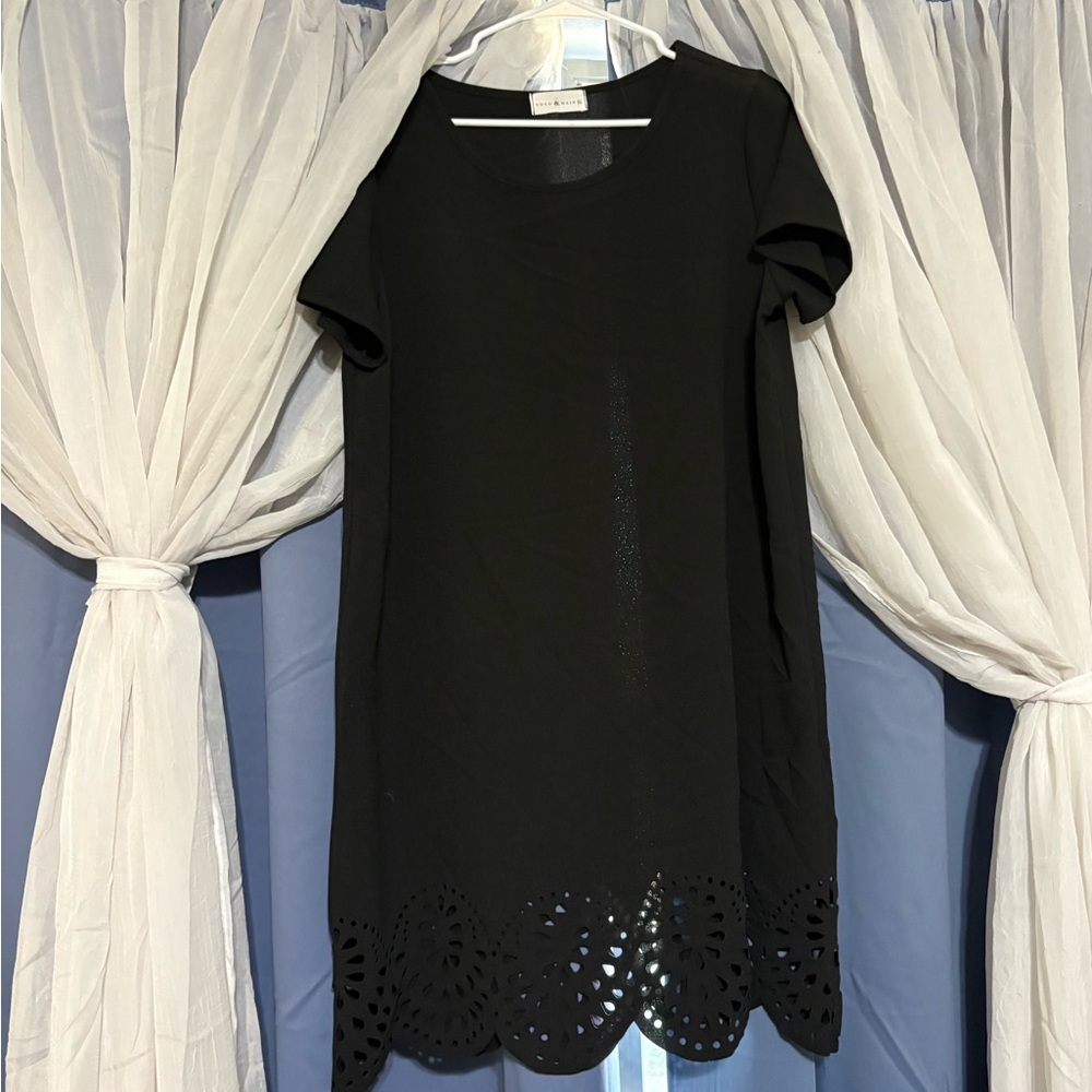 Black Short Sleeve Dress with Scalloped Hem